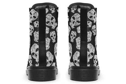Back view of Ashes to Ashes boots showing distressed monochrome skulls