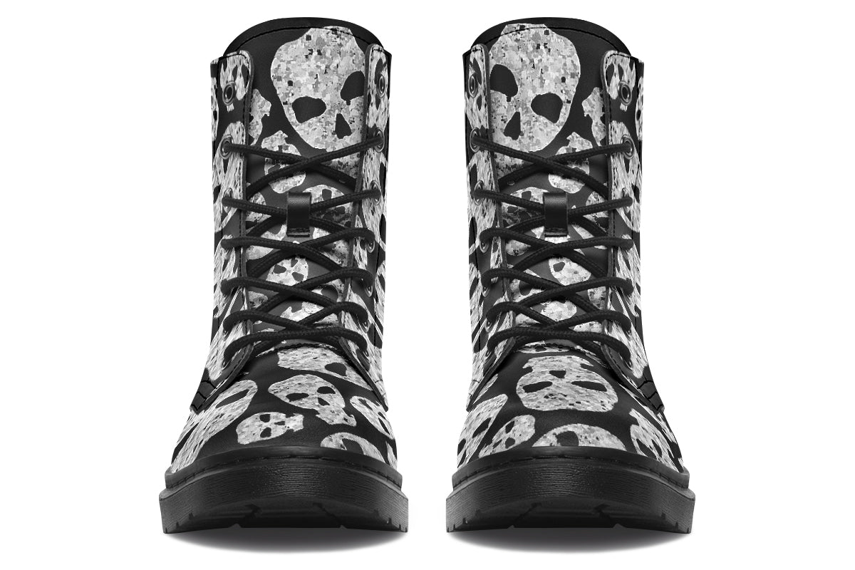 Front view of ANTIBrand vegan goth boots with lace-up design