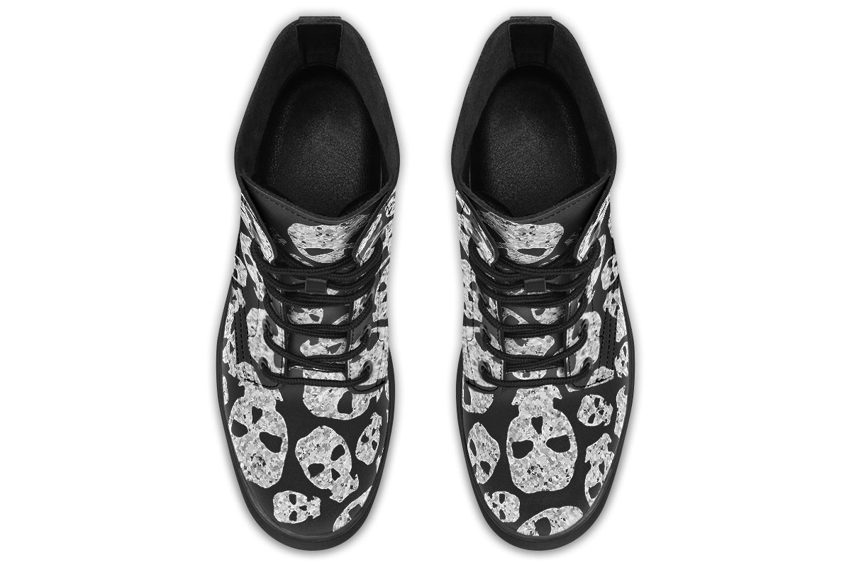 Top-down view of goth boots with bone-white skull print