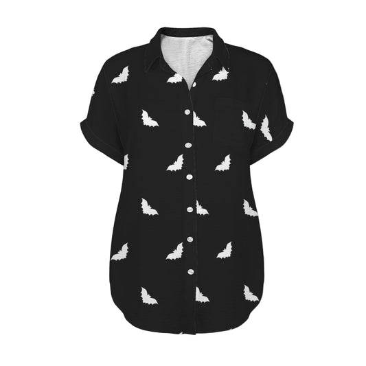 Black button-up blouse with white bat print and pocket