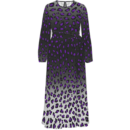 Dress with purple and black cheetah pattern on a white background