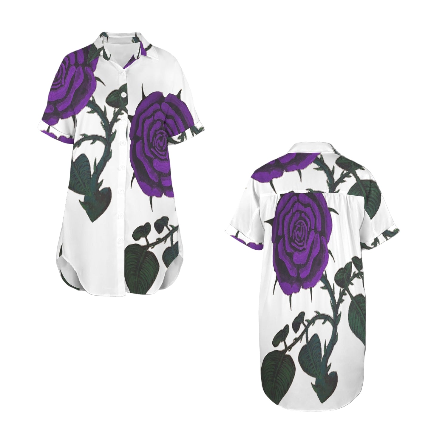Oversized Painted Purple Rose Shirt Dress
