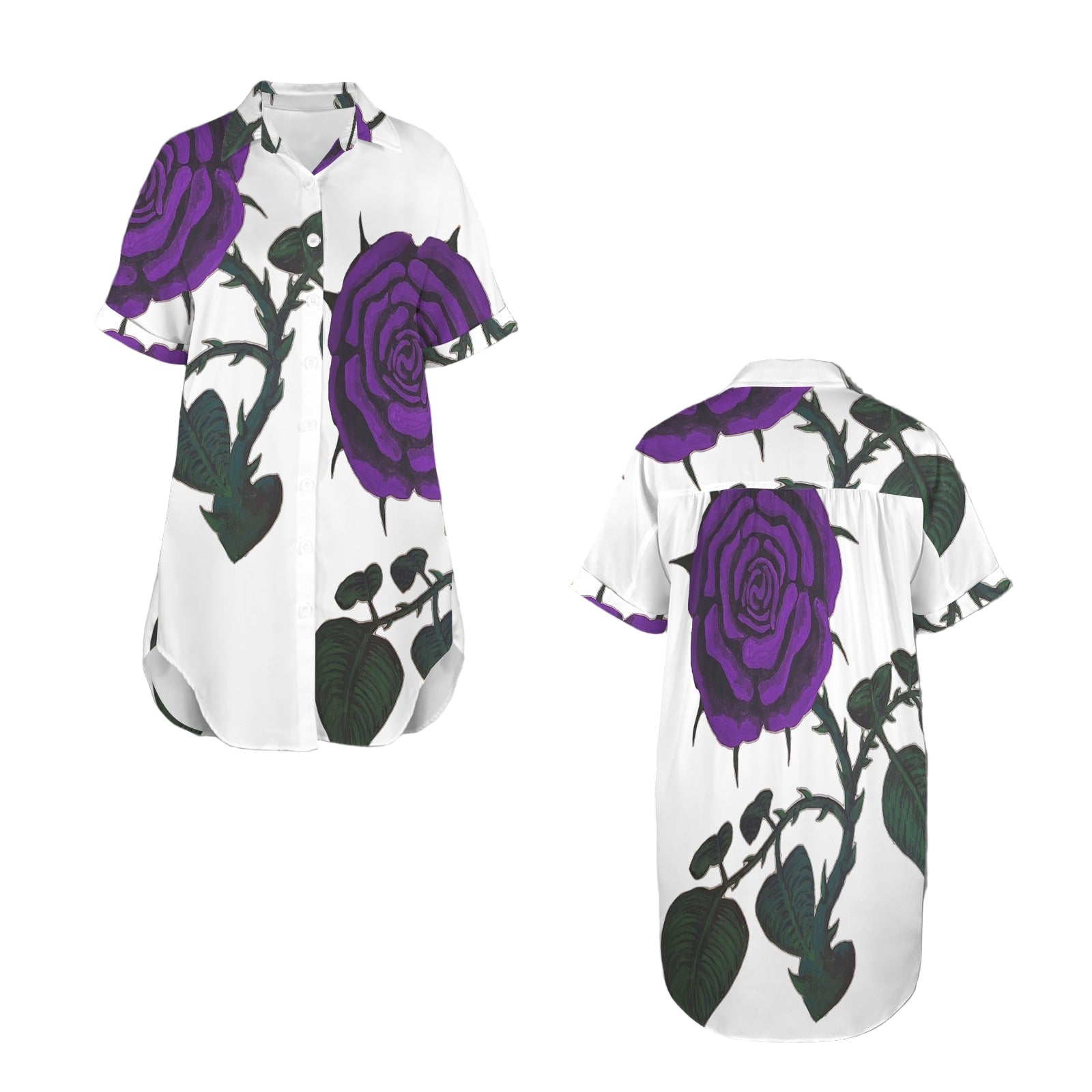 Oversized Painted Purple Rose Shirt Dress