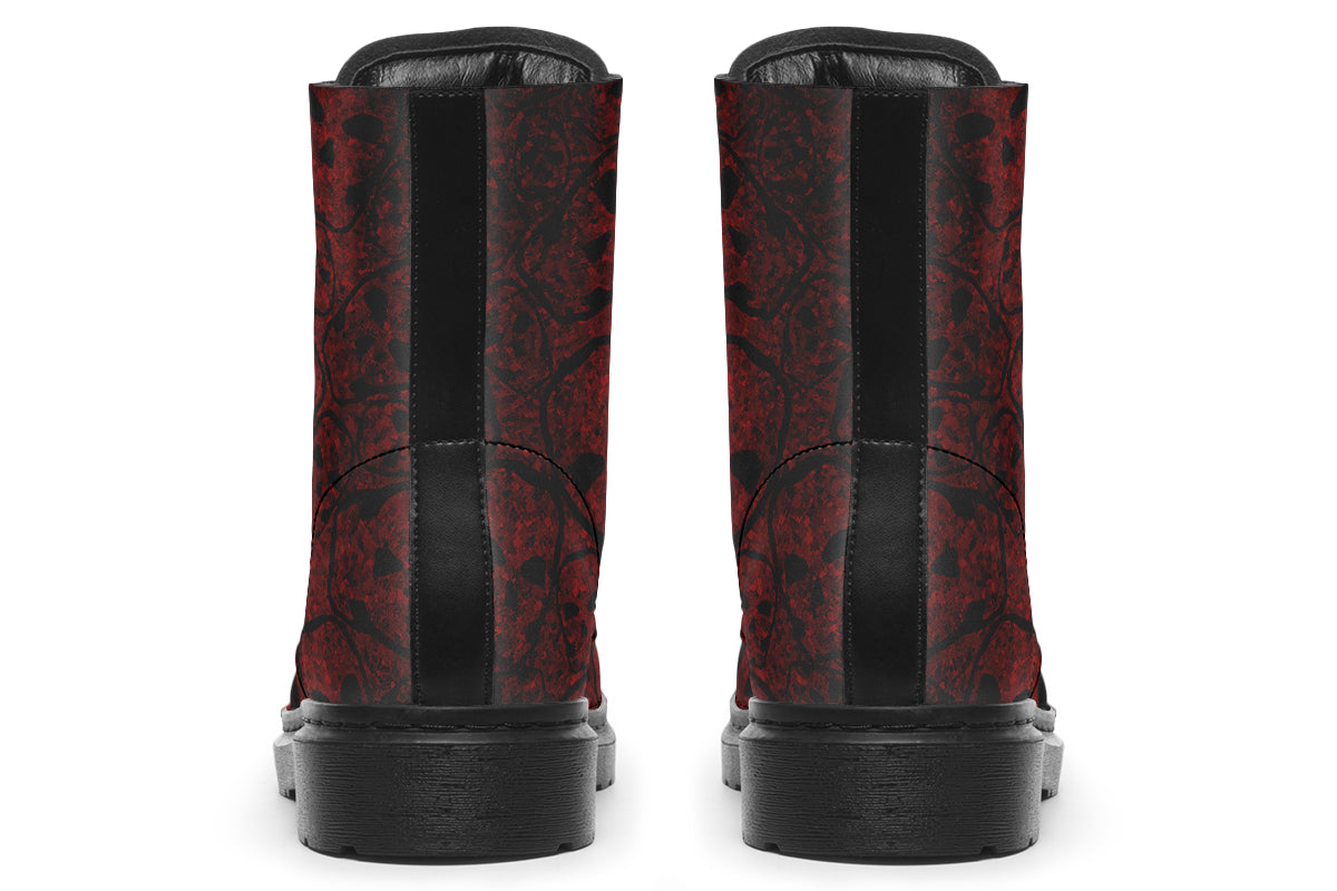 Back view of ANTIBrand goth boots with subtle skull texture and deep red hue