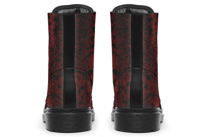 Back view of ANTIBrand goth boots with subtle skull texture and deep red hue