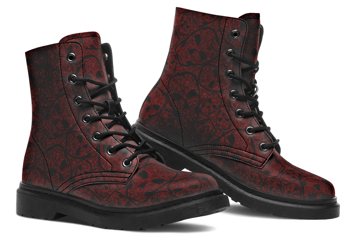 Pair of ANTIBrand Sanguine Haze goth boots side by side in red skull print