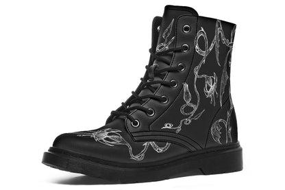 lack vegan combat boots with white soul flower artwork