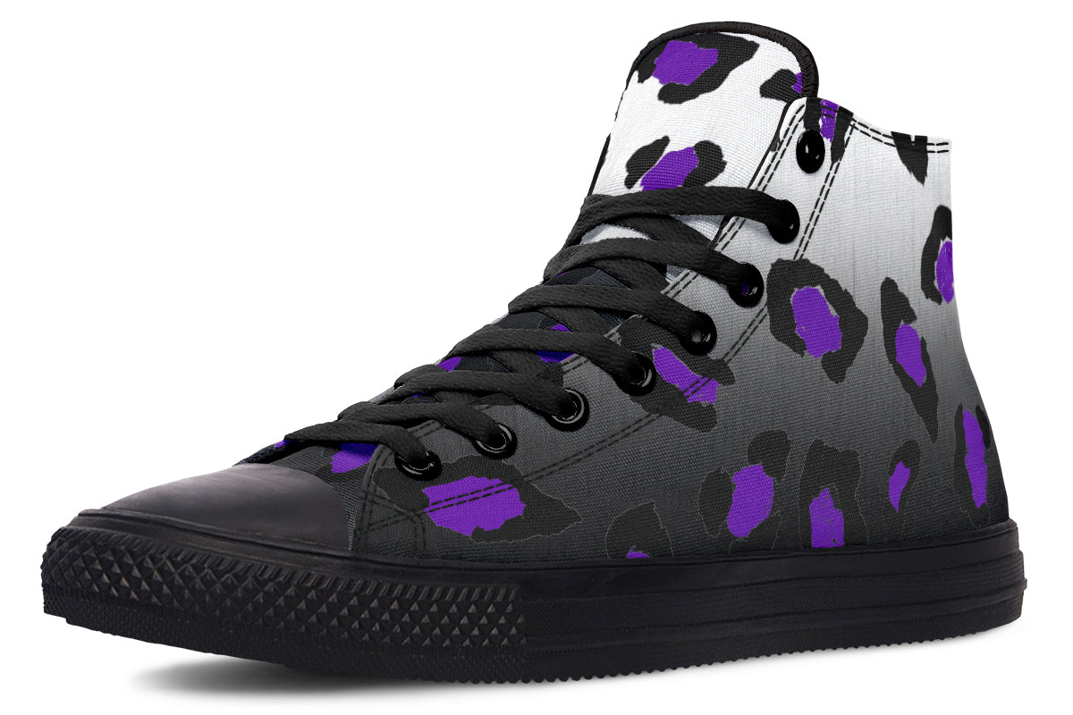 High-top sneaker with black, white, and purple leopard print pattern on a white background