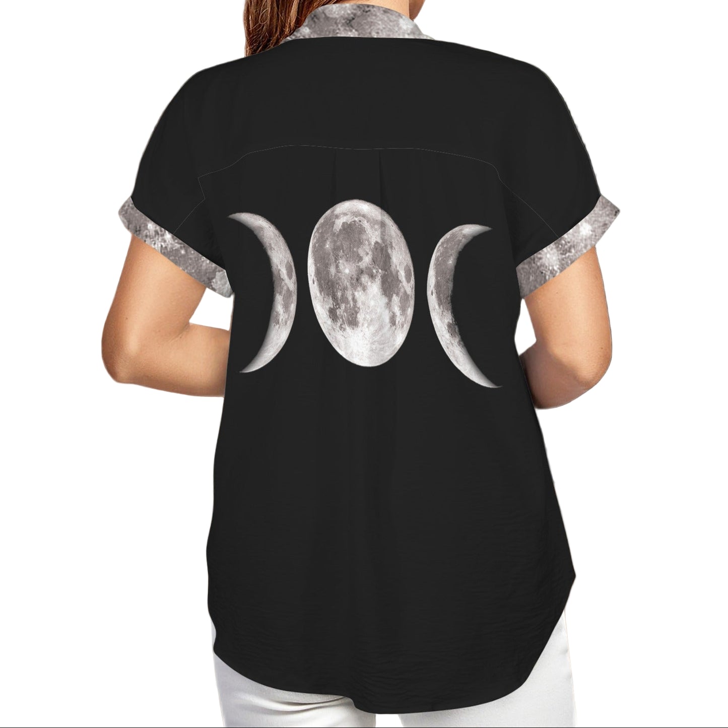 Back view of ANTIBrand Triple Goddess shirt showing three moon phases on black