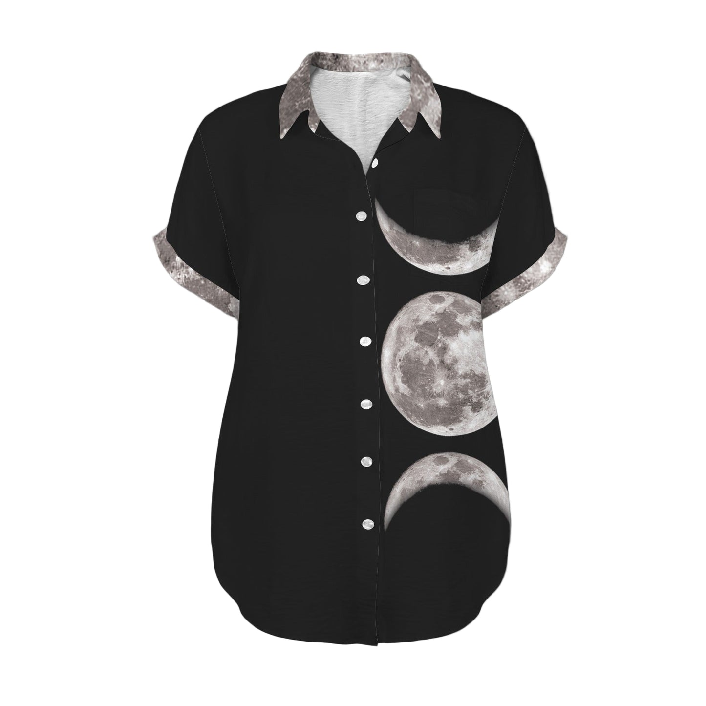 Front view of black lunar phases shirt with moon surface collar and cuffs