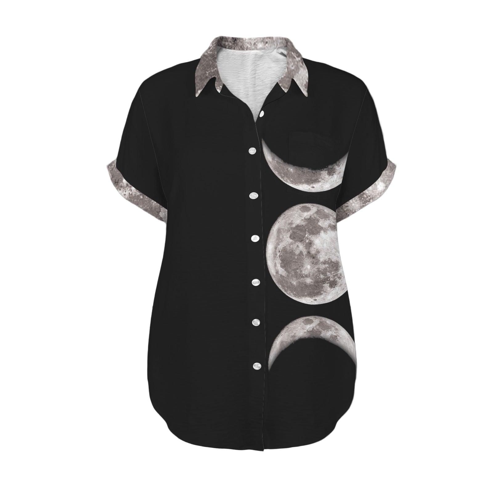 Front view of black lunar phases shirt with moon surface collar and cuffs