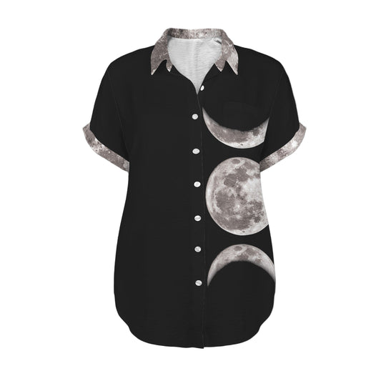 Front view of black lunar phases shirt with moon surface collar and cuffs