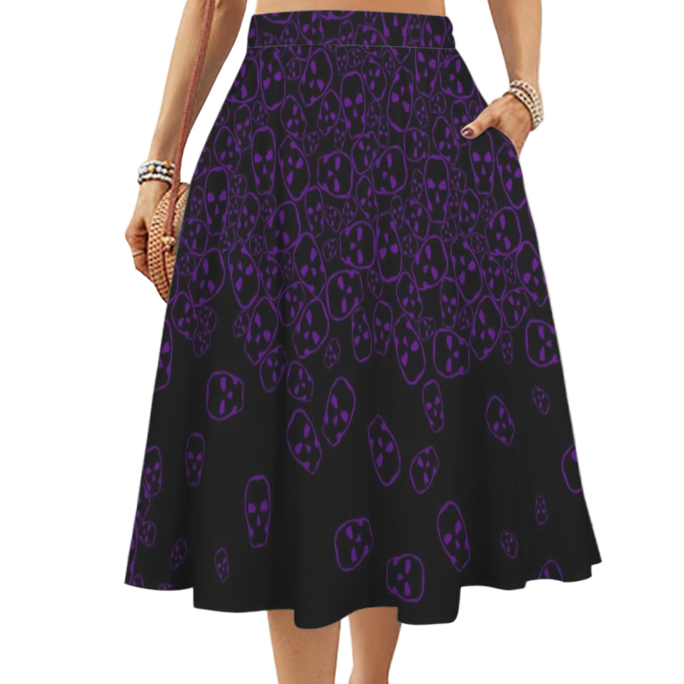 Front view of gothic black midi skirt with purple skull print.
