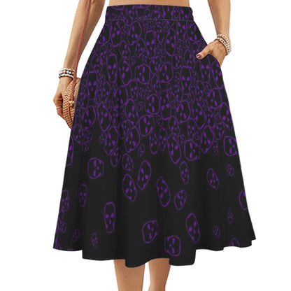 Front view of gothic black midi skirt with purple skull print.