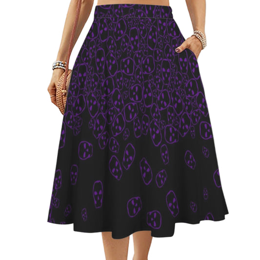 Front view of gothic black midi skirt with purple skull print.