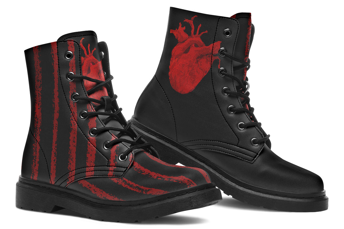 ANTIBrand Uncaged Heart goth combat boots in black and red