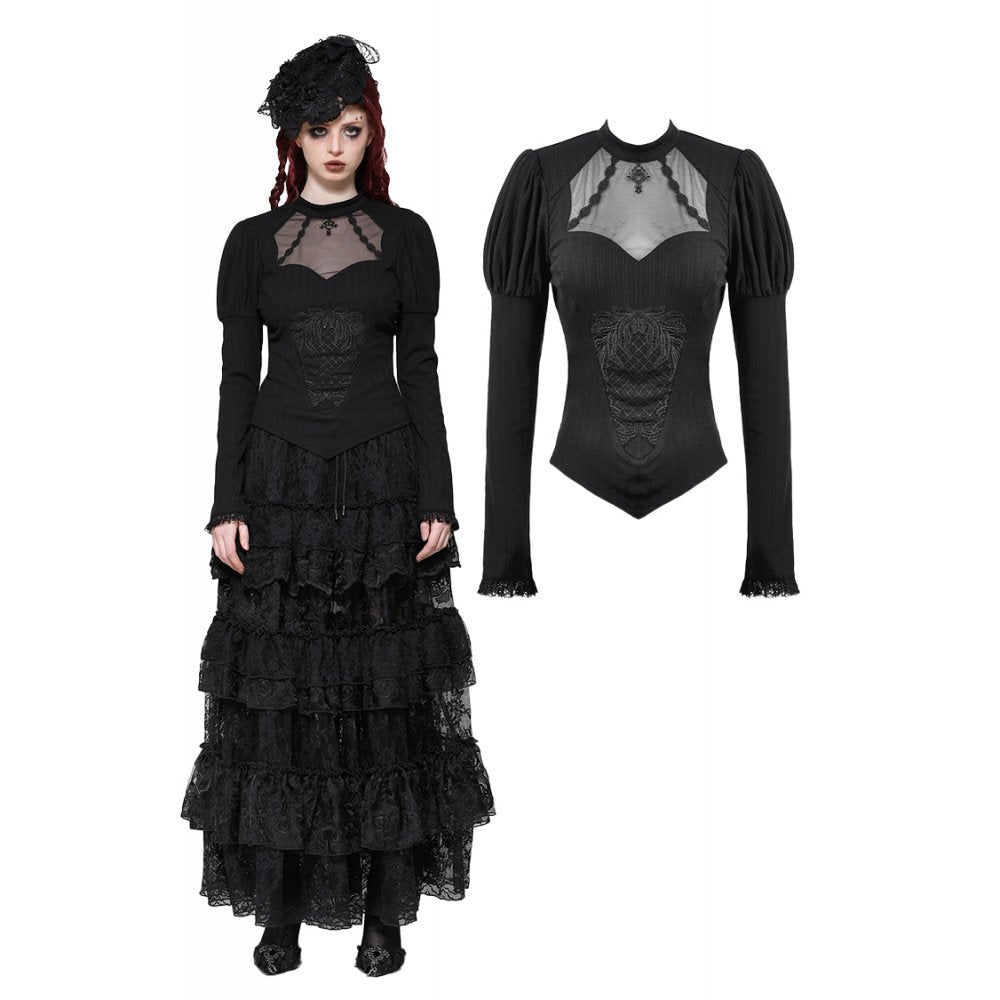 Dark in Love Avalon Gothic Embroidered Puff Sleeve Top - Kate's Clothing