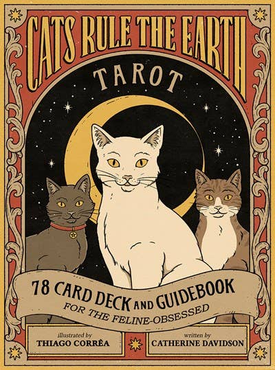 Front of the Cats Rule the Earth Tarot box: a white cat and two tabbies in front of a gold crescent moon, inside an ornate red and orange border.