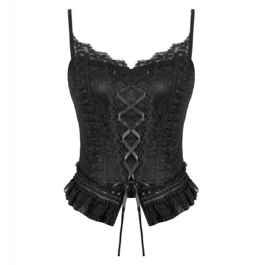 Black lace corset top on a white background