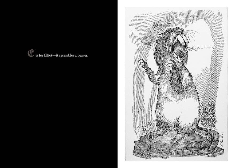 "E is for Elliot" spread: a black page of white lettering beside a beaver-like creature rearing up on a rock with its mouth wide open.