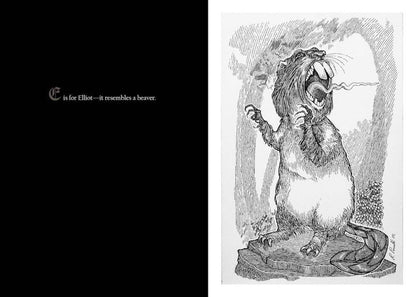 "E is for Elliot" spread: a black page of white lettering beside a beaver-like creature rearing up on a rock with its mouth wide open.