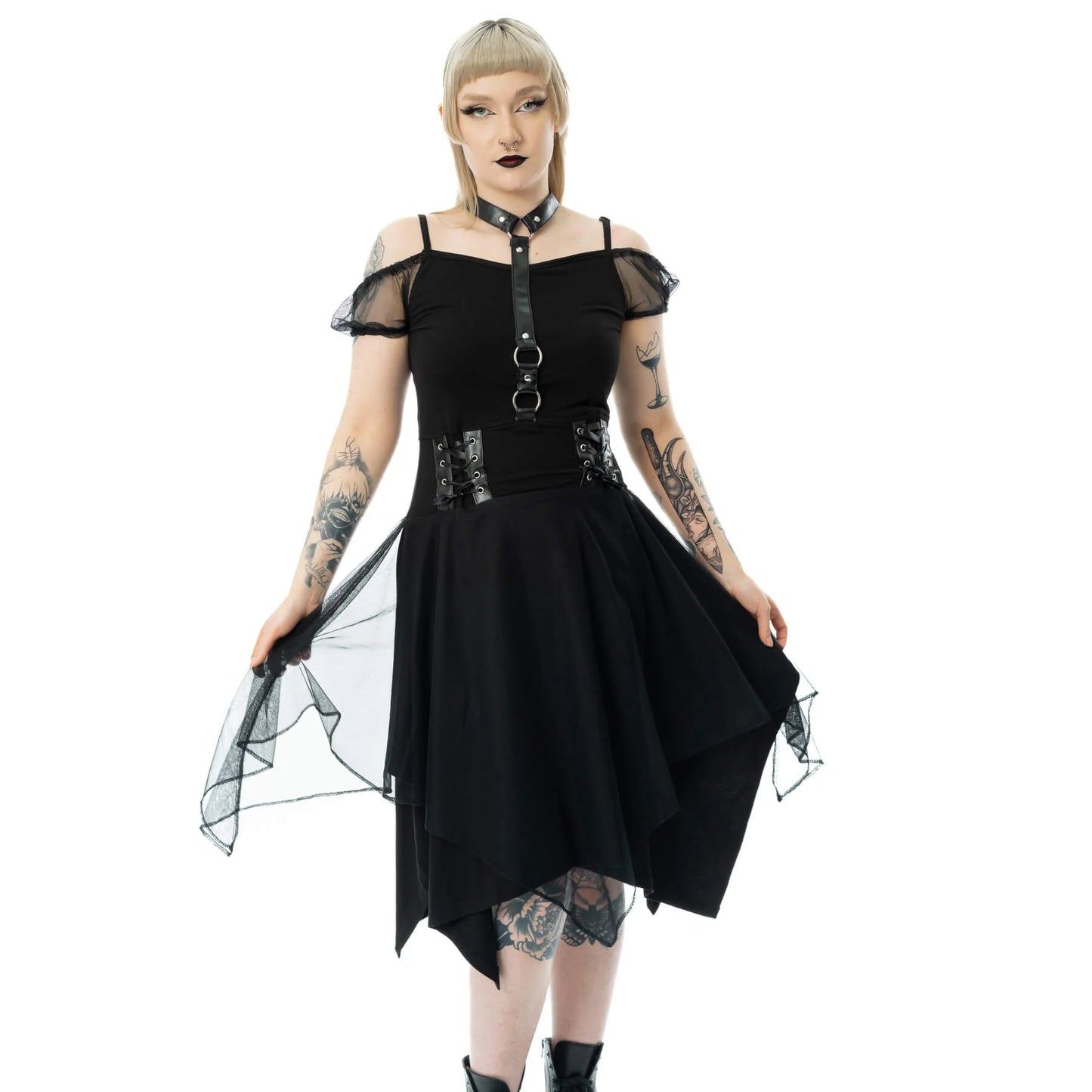 Poizen Industries Banshee Gothic Mini Dress showcasing dark elegance with lace-up detailing and layered design.