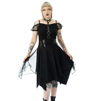 Poizen Industries Banshee Gothic Mini Dress showcasing dark elegance with lace-up detailing and layered design.