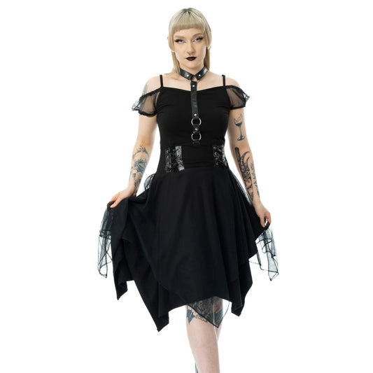 Gothic Mini Dress by Poizen Industries featuring lace-up bodice and dramatic flowy hemline for alternative fashion.