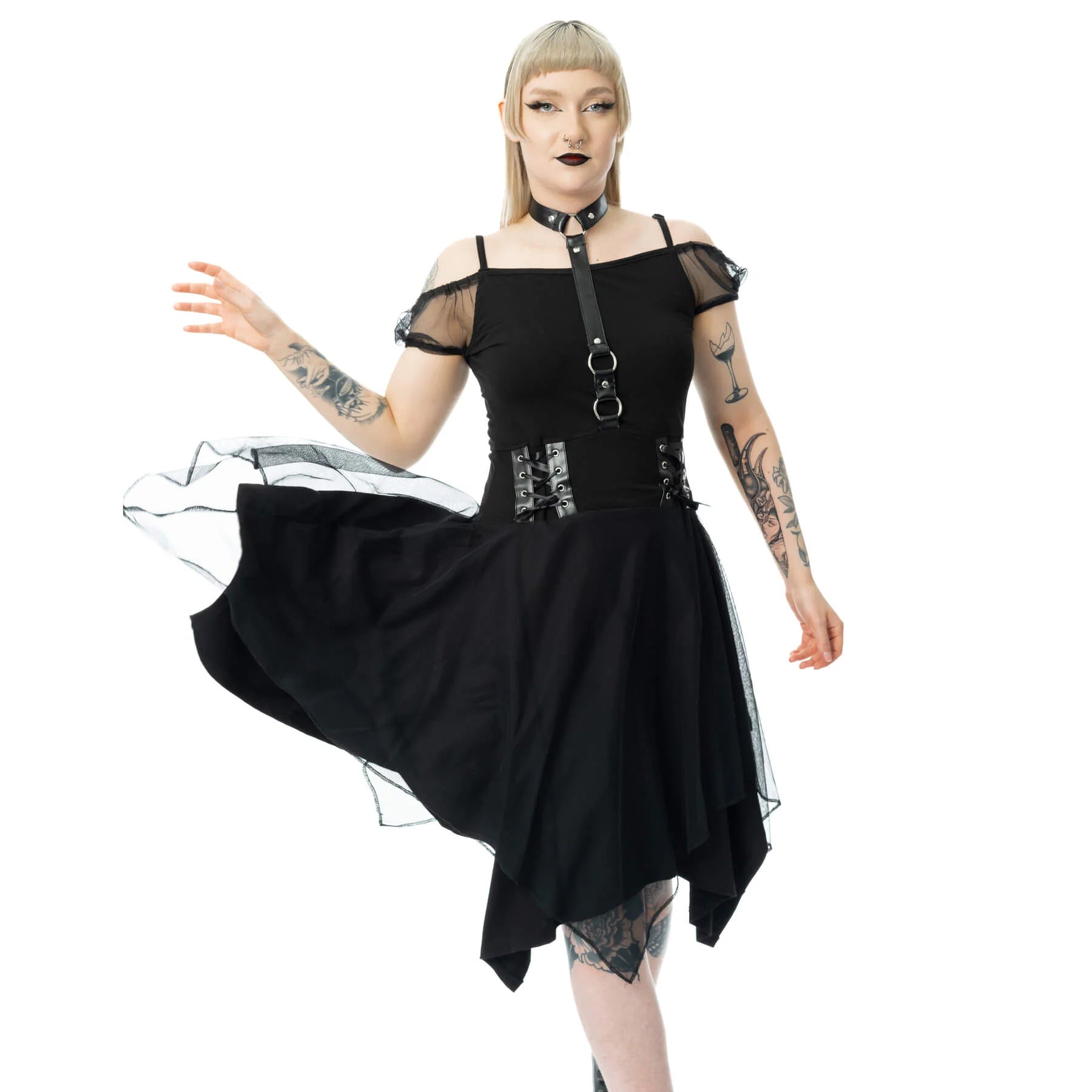 Model wearing a Poizen Industries Gothic Mini Dress, showcasing its fitted bodice and flowing skirt.
