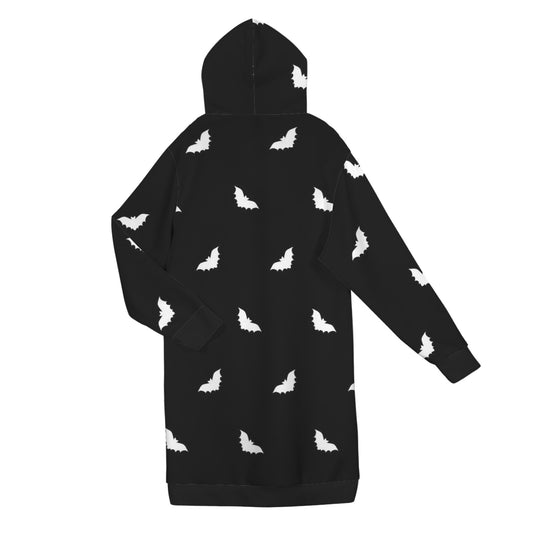 Longline black extra long zip hoodie with bat pattern and drawstring hood