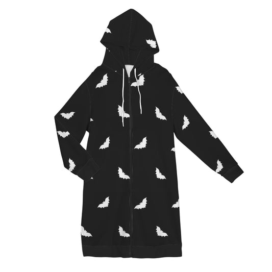Bats on Repeat extra-length gothic hoodie with white bat print