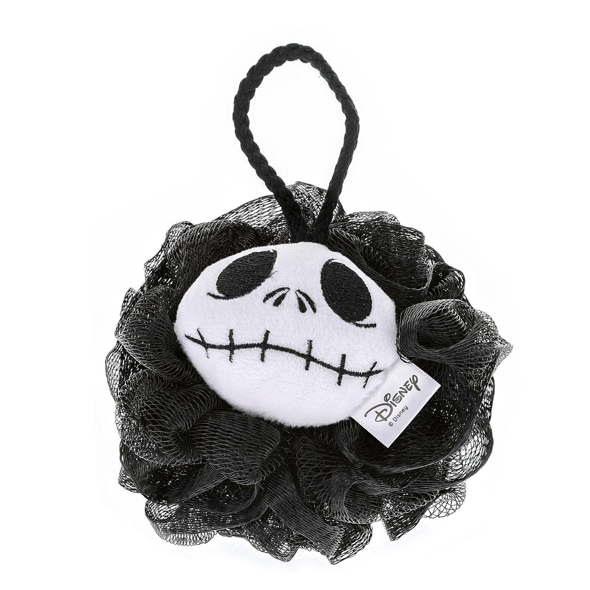 Jack Skellington body puff, close-up of the black mesh puff with a hanging loop