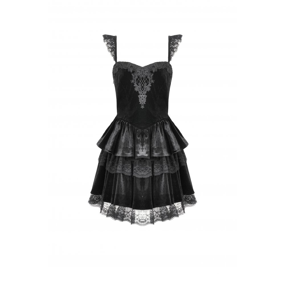 Dark in Love Nocturne Ruffled Velvet Lace Goth Dress in Black