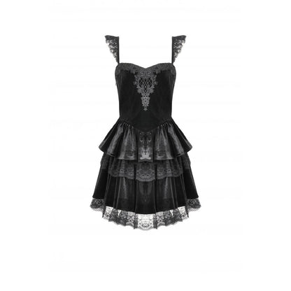 Dark in Love Nocturne Ruffled Velvet Lace Goth Dress in Black