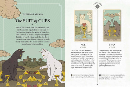 The guidebook open at a spread, with text beside small pictures of the cards.