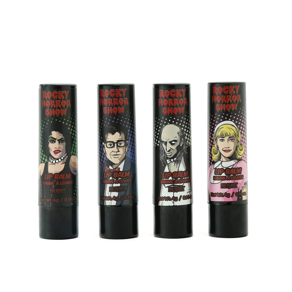 Four Rocky Horror lip balm tubes stood upright, each printed with a different character design