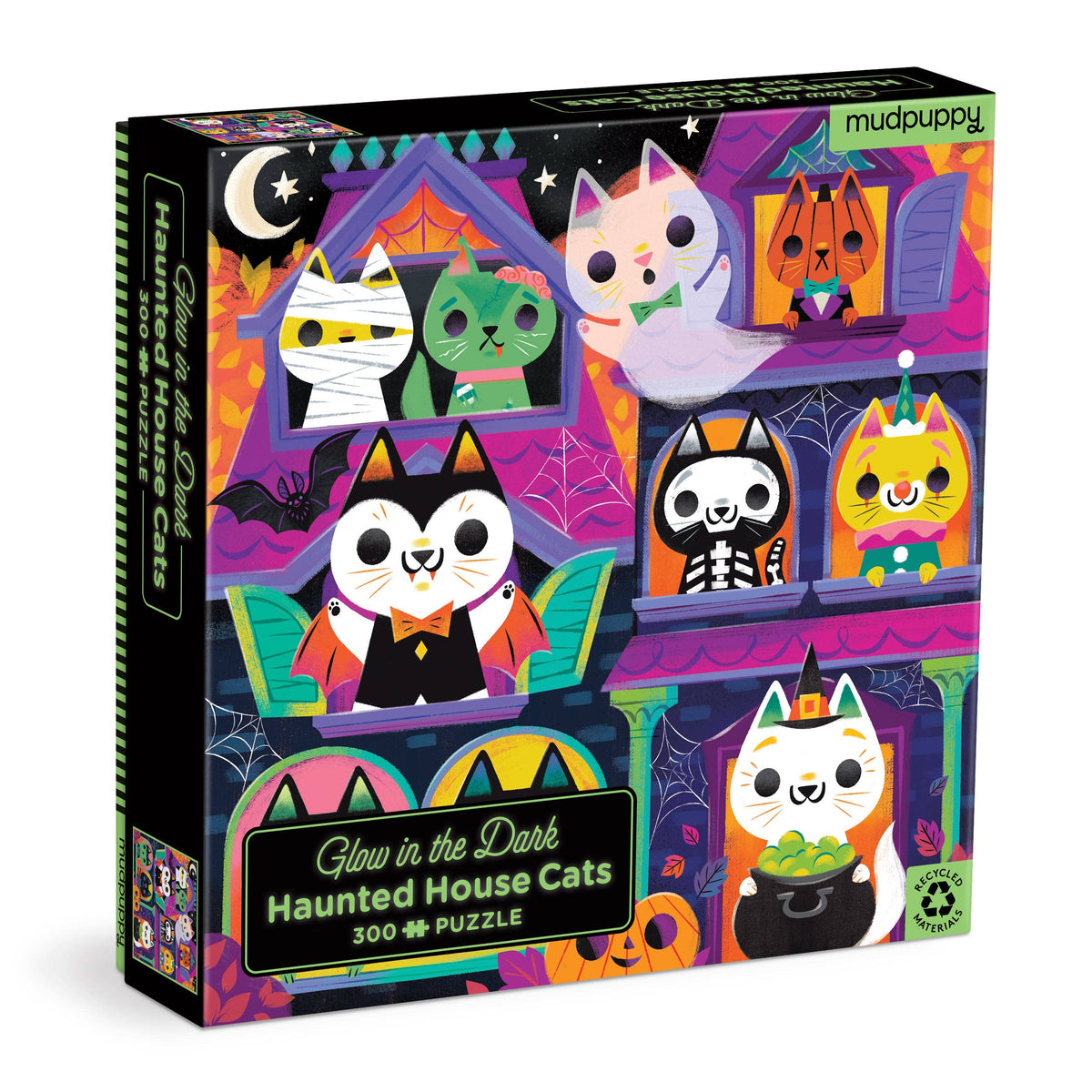 Front of the Haunted House Cats puzzle box, with cats in Halloween costumes peeking out of a purple and orange haunted house.