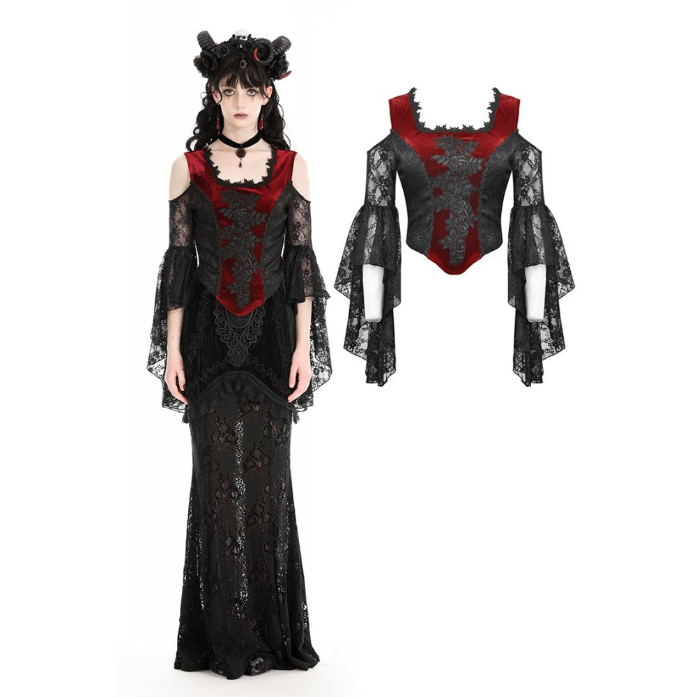 Dark in Love Delancy Gothic Black and Red Velvet Cold Shoulder Top - Kate's Clothing