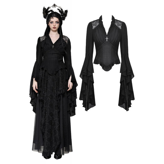 Dark in Love Constance V-neck Bell Sleeve Top with Cross Pendant - Kate's Clothing