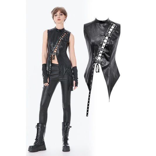 Dark in Love Punk Distressed Leather Lace-Up Top