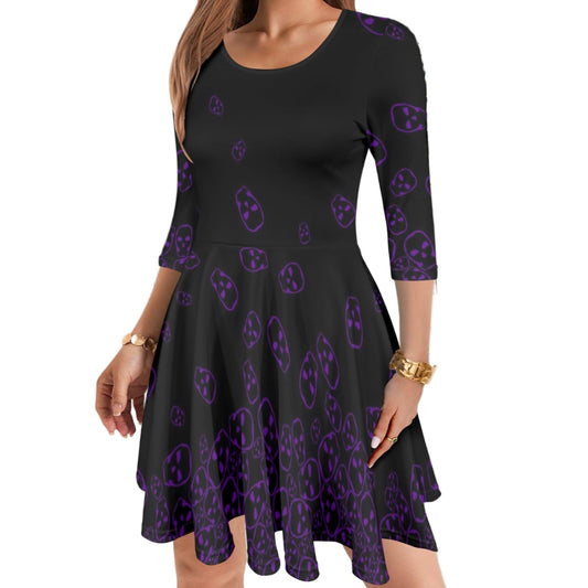 ANTIBrand black skater dress with purple tumbling skulls print