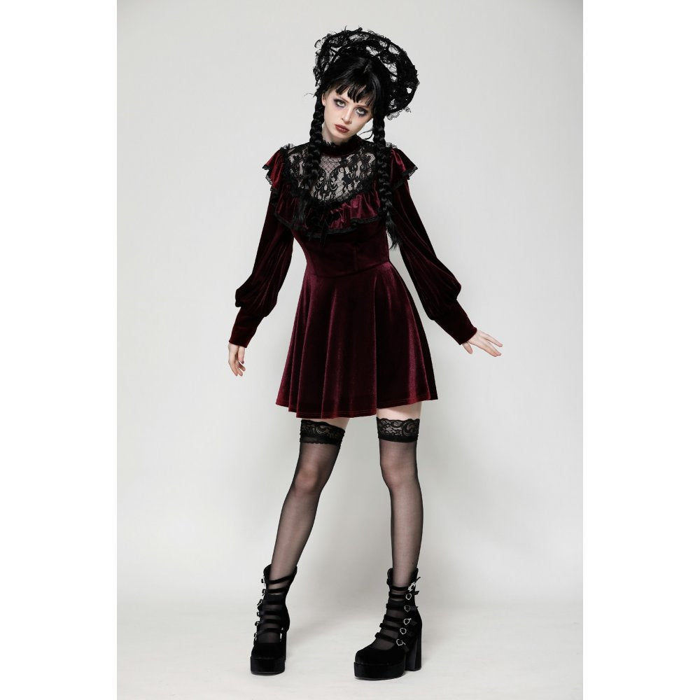Dark in Love Verity Burgundy Velvet Dress with Black Gothic Lace - Kate's Clothing