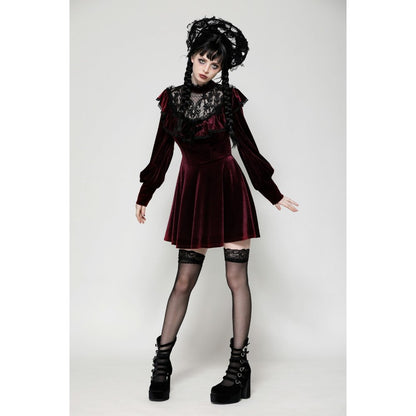 Dark in Love Verity Burgundy Velvet Dress with Black Gothic Lace - Kate's Clothing