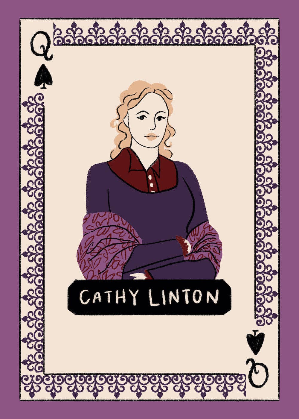 Wuthering Heights deck face card: a woman with light hair in purple clothes, with a purple patterned border.