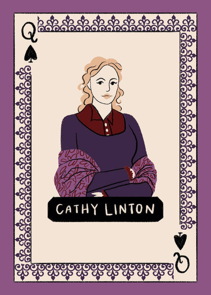 Wuthering Heights deck face card: a woman with light hair in purple clothes, with a purple patterned border.