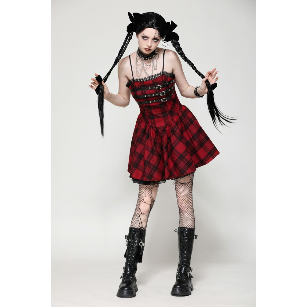 Dark in Love Evelyn Black and Red Tartan Mini Dress - Kate's Clothing