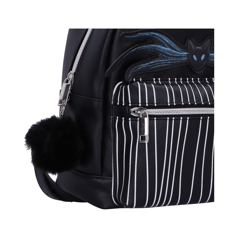 Detail of Jack Skellington backpack featuring black pinstripe design and black cat motif with blue eyes by Nemesis Now.