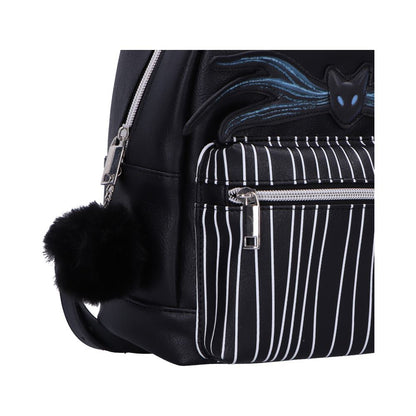 Detail of Jack Skellington backpack featuring black pinstripe design and black cat motif with blue eyes by Nemesis Now.