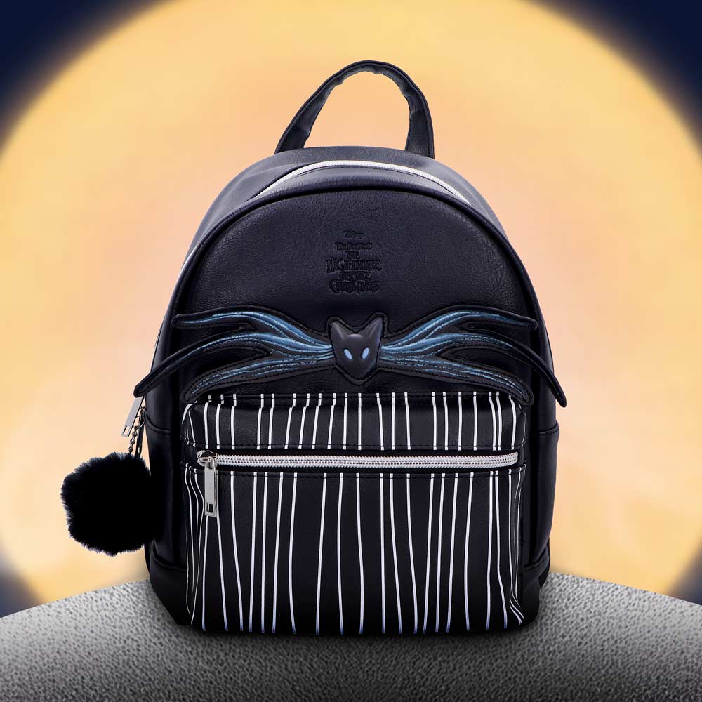 Jack Skellington backpack gothic pinstripe design with black cat motif and pom-pom by Nemesis Now.