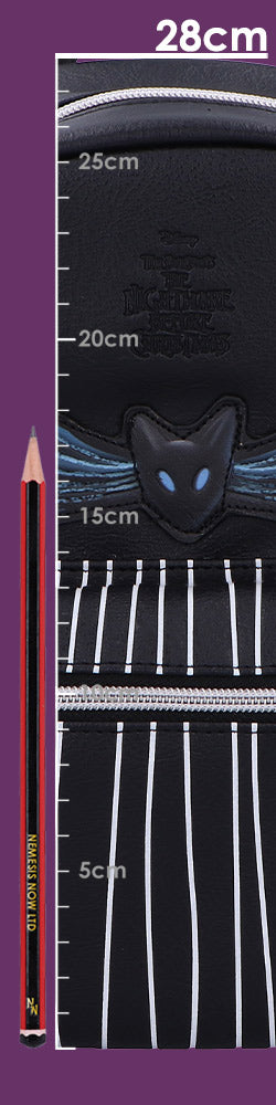 Jack Skellington backpack featuring black pinstripe design and cat motif; measuring 28cm with a pencil for size reference.